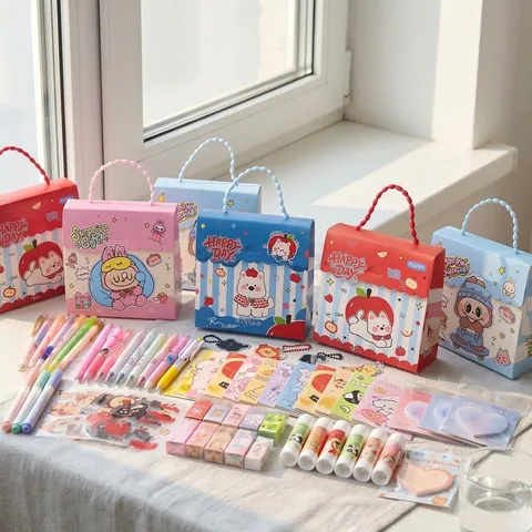 Children's Day Stationery Gift Set For Students Portable ABS Cartoon Puppy Rabbit Stationery Box With Pens Eraser Glue Stick Stickers