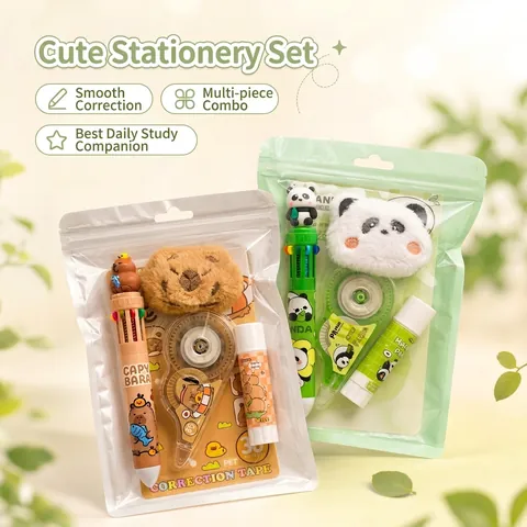 Cute Cartoon Animal Stationery Set Capybara Panda Multi-Color Pen Correction Tape Glue Stick For Kids School Gift Pack