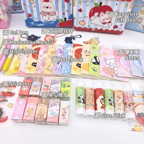 Children's Day Stationery Gift Set For Students Portable ABS Cartoon Puppy Rabbit Stationery Box With Pens Eraser Glue Stick Stickers