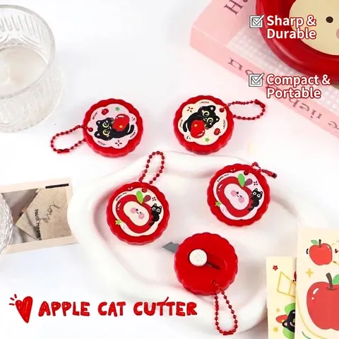 Mini Taglierino Portatile Ritorno Automatico Apri Scatole Simpatico Cartone Animato Gatto Mela Forma Apri Pacchi Strumento di Cancelleria Per Scuola Ufficio Casa