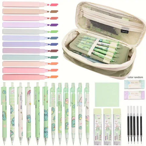 Aesthetic Stationery Set Large Capacity Pencil Case Macaron Colors Highlighter Gel Pen Automatic Pencil Lead Eraser Notes School Supplies Gifts For Students