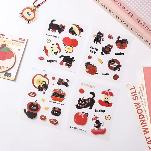 Autocollants PET Chat Noir Pomme Dessin Animé Imperméables Transparents Matériel Décoratif pour Agenda Téléphone DIY