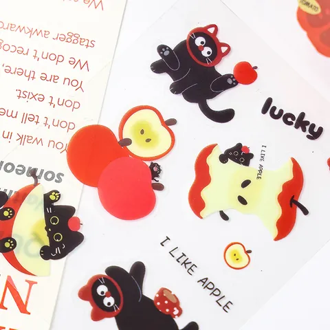 Autocollants PET Chat Noir Pomme Dessin Animé Imperméables Transparents Matériel Décoratif pour Agenda Téléphone DIY