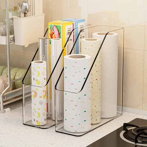 Transparent PET Kitchen Storage Rack Plastic Wrap Box Desktop Book Stand Office File Holder Clear Acrylic Organizer Shelf