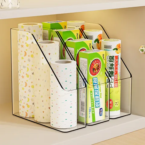 Transparent PET Kitchen Storage Rack Plastic Wrap Box Desktop Book Stand Office File Holder Clear Acrylic Organizer Shelf