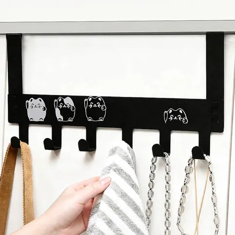 Modern Iron Over The Door Organizer Hook Rail With Cartoon Lucky Cat Patterns No Drill Multi Hook Rack For Bedroom Bathroom Home