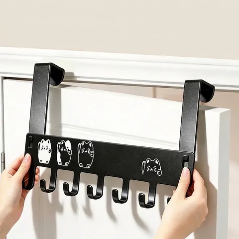 Modern Iron Over The Door Organizer Hook Rail With Cartoon Lucky Cat Patterns No Drill Multi Hook Rack For Bedroom Bathroom Home