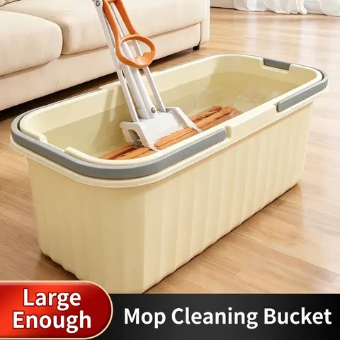 Rectangle Mop Bucket Polypropylene Thickened Cleaning Pail with Rollers and Pouring Spout for Home Floor Cleaning White Cream