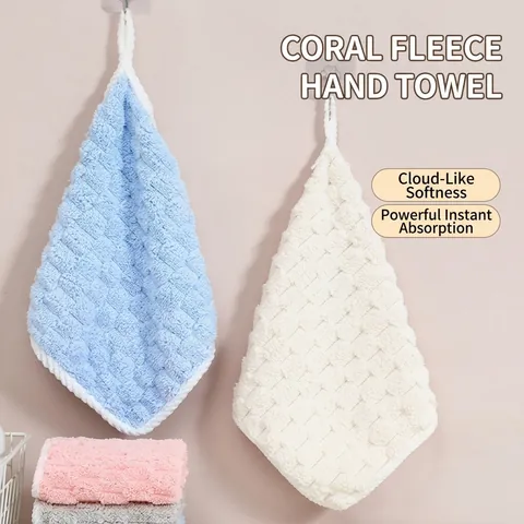 Soft Coral Fleece Hanging Hand Towel Cloud Pattern Highly Absorbent Quick Dry Polyester Dish Cloth For Kitchen Bathroom Home