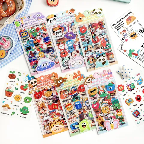Cartoon PET Journal Sticker Set 4 Sheets Per Pack Waterproof Transparent Decorative Stickers For Kids DIY Scrapbooking Stationery