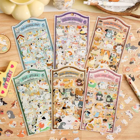 Waterproof PET Cartoon Pet Stickers Cute Cat Dog Pattern Transparent Decorative Decals For Journaling Scrapbooking Laptop Phone Cases