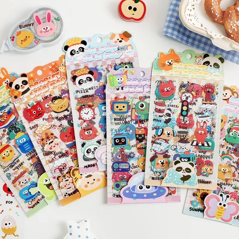 Cartoon PET Journal Sticker Set 4 Sheets Per Pack Waterproof Transparent Decorative Stickers For Kids DIY Scrapbooking Stationery