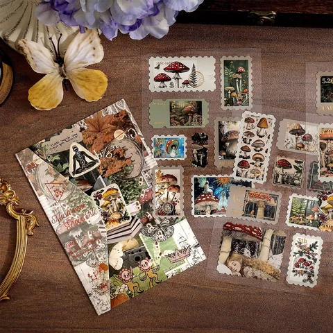 Vintage Floral Mushroom Scrapbooking Sticker Set Retro Bronzing Coated Paper Journaling Deco Stickers 3 Sheets Pack
