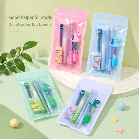 Cute Cartoon Dinosaur School Stationery Kit For Students Multi-color Pen Gel Pen Mechanical Pencil Lead Eraser Zipper Pouch