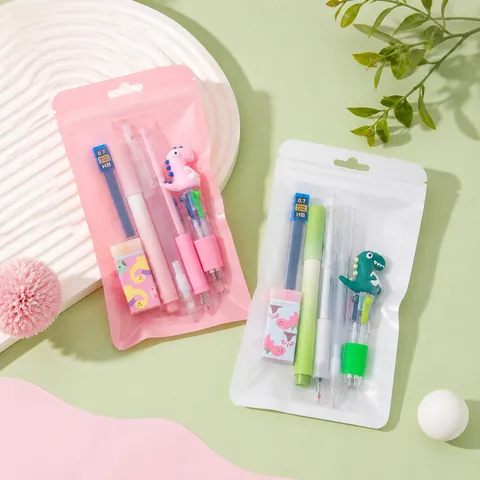 Cute Cartoon Dinosaur School Stationery Kit For Students Multi-color Pen Gel Pen Mechanical Pencil Lead Eraser Zipper Pouch
