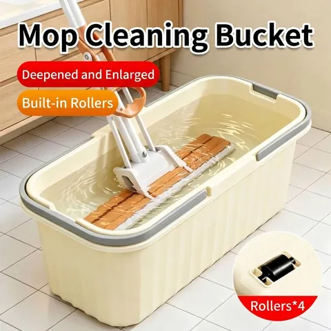 Thickened Rectangular Plastic Mop Bucket Large Capacity Cleaning Pail With Wheels And Portable Handle For Home Bathroom Floor Wash