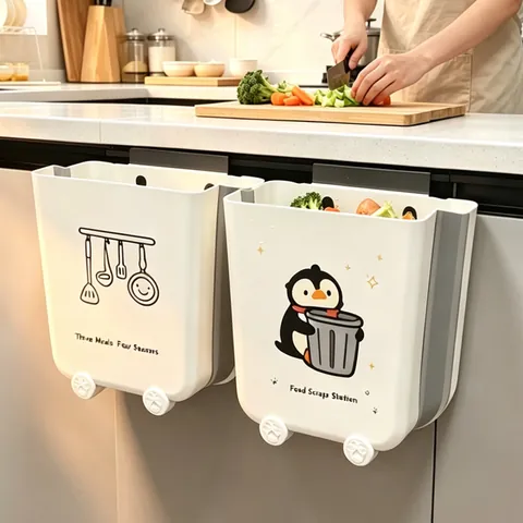 Wall-Mounted Folding Trash Can For Kitchen Cupboard Door Large Capacity Collapsible Waste Bin Hanging Rubbish Bin Plastic Storage Bin For Home Office