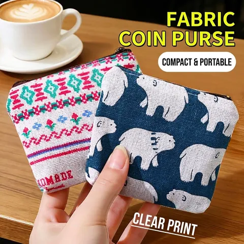 Women Students Canvas Mini Coin Purse Cute Animal Geometric Pattern Zipper Pouch Small Wallet Portable Handbag Accessory