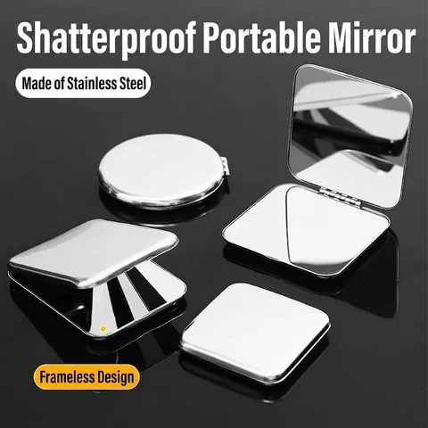 Portable Stainless Steel Makeup Mirror Folding Double Sided Mini Unbreakable Pocket Mirror For Travel Purses For Men Women