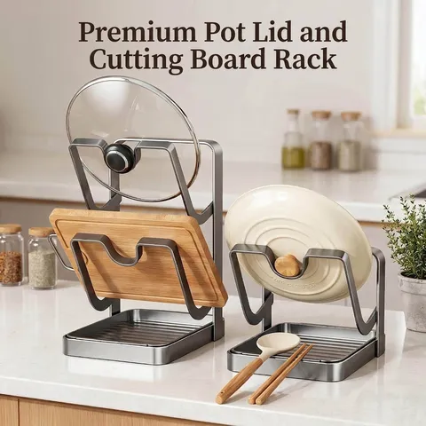 Countertop Pot Lid Rack Carbon Steel Kitchen Storage Organizer With Drip Tray For Cutting Board Spatula Multi Tier