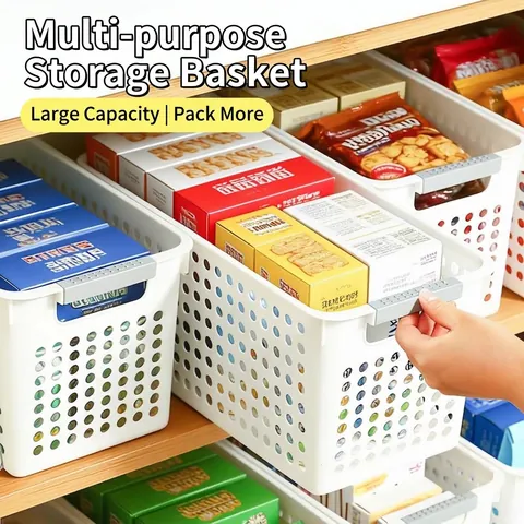 Hollow Plastic Storage Basket With Handles Portable White Narrow Bin For Kitchen Cupboard Office Closet Organization