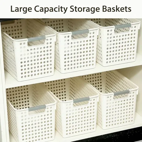 Hollow Plastic Storage Basket With Handles Portable White Narrow Bin For Kitchen Cupboard Office Closet Organization