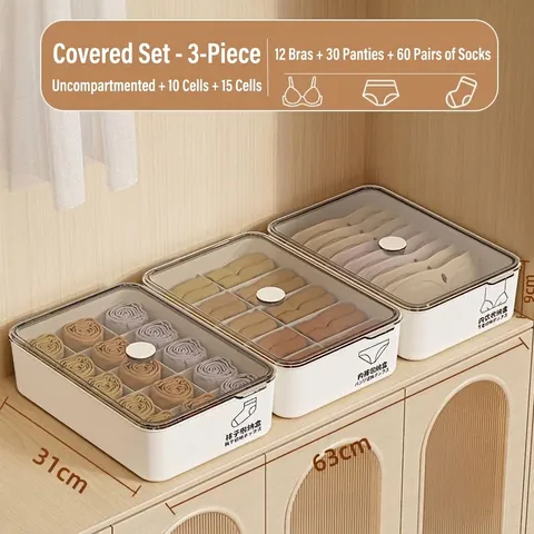 Modern Cream Plastic Underwear Storage Box Set Divided Drawer Organizer With Lid Stackable Bin For Bra Socks Panties Closet Organization
