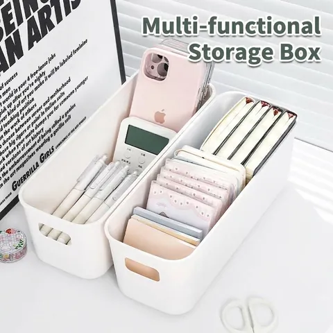 Minimalist Rectangular Desktop Storage Box PP Plastic Drawer Organizer Bin With Hollow Handles For Cosmetics Stationery