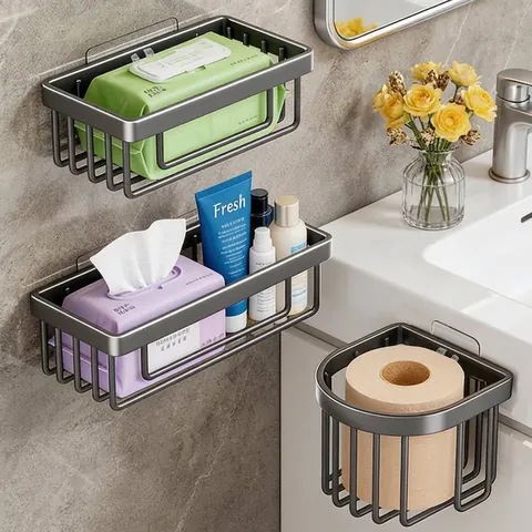 Wall Mounted Carbon Steel Bathroom Tissue Box Punch Free Grey Toilet Paper Holder Waterproof Hollow Mesh Storage Rack