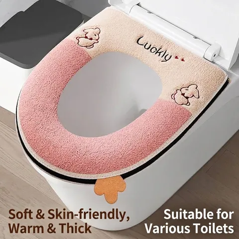 Cartoon Rabbit Thickened Toilet Seat Cover Cotton Velvet Waterproof Zippered Bathroom Mat With Handle Universal Home Decor