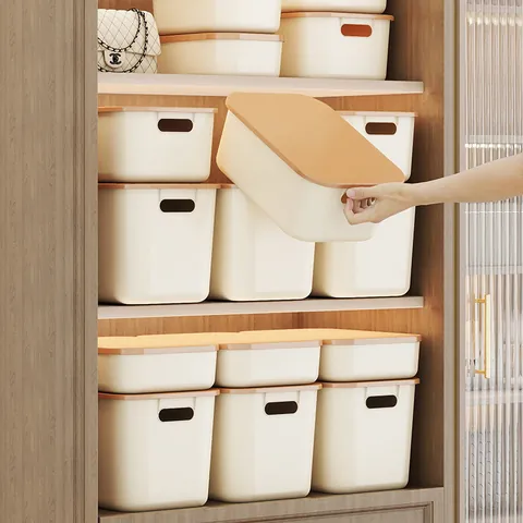 Caja de Almacenamiento de Escritorio Rectangular de Plástico PP Minimalista Moderna Con Tapa Contenedor Apilable Para Snacks Juguetes