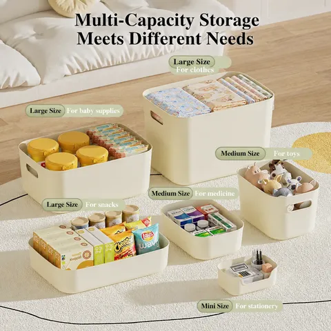 Cream Style Stackable Storage Box Multi-size Household Toy Snack Organizer With Lid PP Plastic Desktop Clothing Sorting Basket