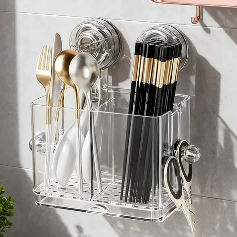 Wall Mounted Suction Cup Chopstick Holder No Drill Kitchen Utensil Storage Rack PET Drainage Ventilation Caddy Rack