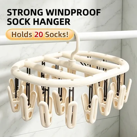 Multi Clip Drying Rack Plastic Windproof Sock Hanger With 360 Degree Swivel Hook Cream White Laundry Drying Rack For Socks Underwear Baby Clothes Home Minimalist Organizer