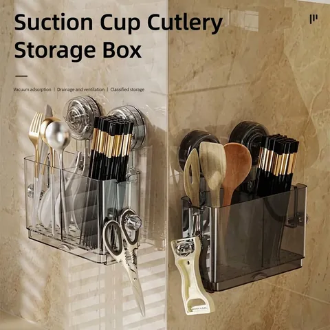 Wall Mounted Suction Cup Chopstick Holder No Drill Kitchen Utensil Storage Rack PET Drainage Ventilation Caddy Rack