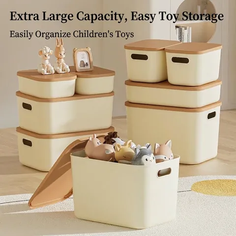Stackable Plastic Storage Box With Lid Cream Style Multi-size Toy Snack Organizer Container For Home Bedroom Office Closet
