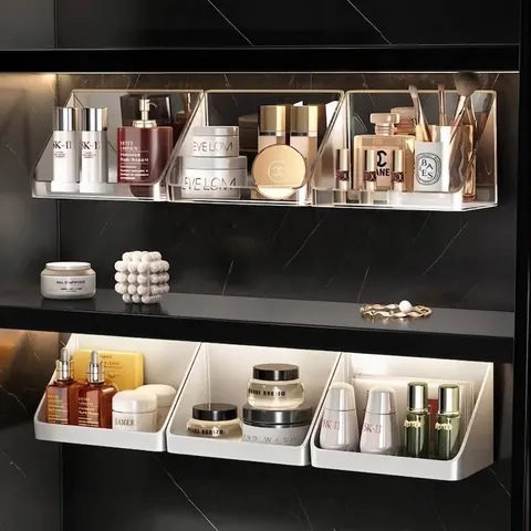 Bathroom Mirror Cabinet Slanted Storage Box Makeup Cosmetic Organizer Wall Mounted No Drill Polypropylene Space Saving Case