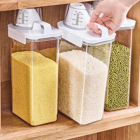Japanese Style Airtight Cereal Storage Container With Integrated Measuring Cup Handle Moisture Proof PET Kitchen Food Bin