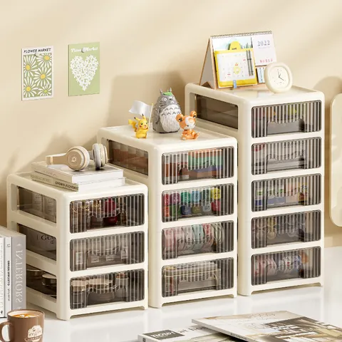 Modern Minimalist Creamy White Desktop Storage Box Transparent Striped Multi Layer Drawer Type Cosmetic Stationery Organizer Stackable Cabinet