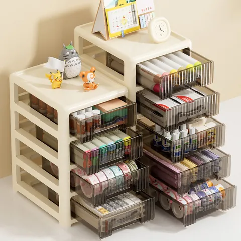 Modern Minimalist Creamy White Desktop Storage Box Transparent Striped Multi Layer Drawer Type Cosmetic Stationery Organizer Stackable Cabinet
