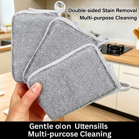 Double Sided Silver Wire Sponge Scrubber Steel Mesh Dishcloth Non Stick Kitchen Cleaning Pad With Silicone Heat Resistant Trivet Mat