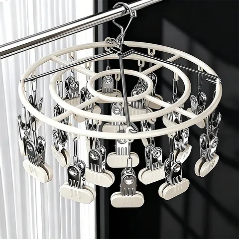 Multifunctional Stainless Steel Circular Drying Rack With Clips Windproof Hook For Socks Underwear Home Laundry Storage Hanger