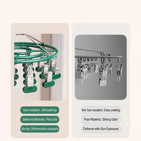 Multifunctional Stainless Steel Circular Drying Rack With Clips Windproof Hook For Socks Underwear Home Laundry Storage Hanger