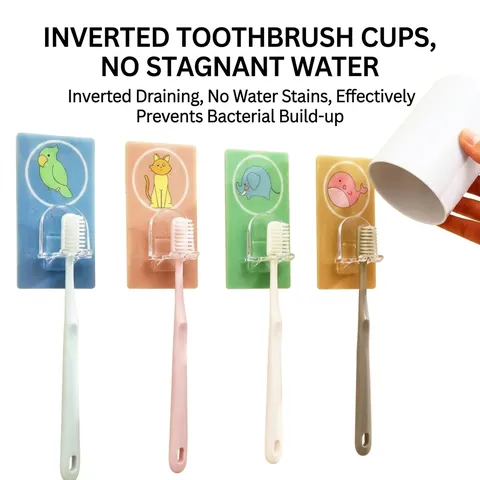 Cartoon Animal Toothbrush Holder Wall Mounted No-Drill PP Bathroom Storage Rack Drain Rack For Toothbrush And Cup