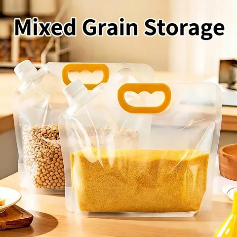 5Pcs Transparent PE Grain Storage Sealed Bags Airtight Moisture-Proof Food Container With Portable Handle Screw Cap For Kitchen