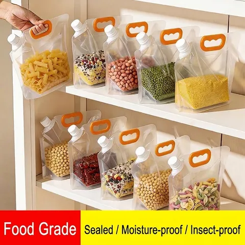 Portable Transparent Grain Storage Bags Moisture Proof Food Grade Sealed Suction Bags For Flour Rice Beans Kitchen Food Container With Handle And Screw Cap