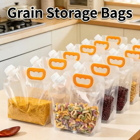 Portable Transparent Grain Storage Bags Moisture Proof Food Grade Sealed Suction Bags For Flour Rice Beans Kitchen Food Container With Handle And Screw Cap