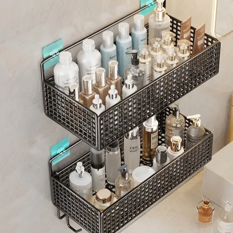 Wall Mounted Bathroom Storage Rack Drill Free Iron Wire Grid Shower Caddy For Toilet Kitchen Black Home Organizer