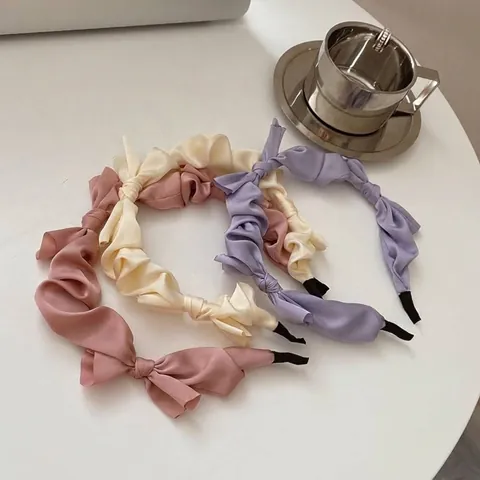 Korean Style Satin Bow Headband For Women Ruched Pleated Silk Smooth Hair Hoop Wide Elegant Hair Accessories For Daily Party