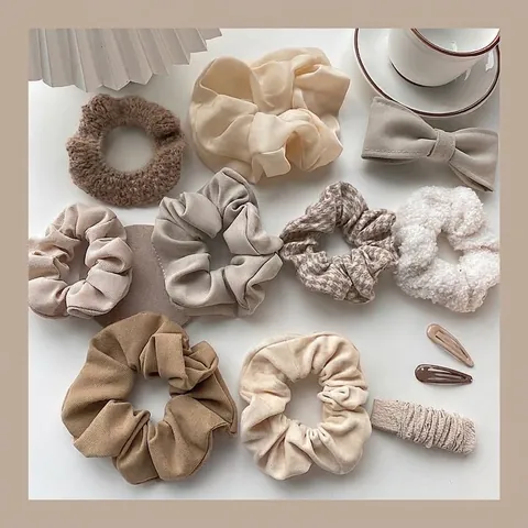 French Sweet Milk Tea Color Scrunchie Hair Tie Bowknot Clip Set For Women Autumn Winter Fabric Lace Hair Accessories